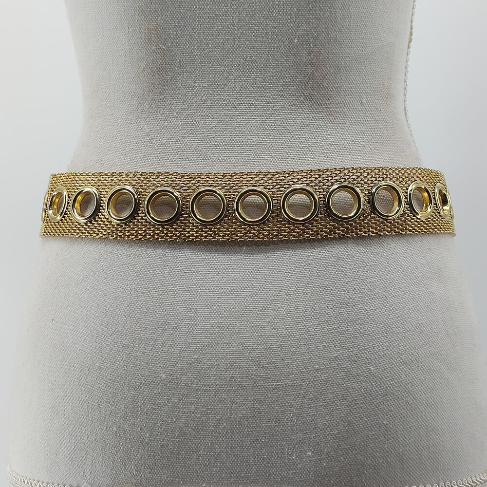 Gold Tone Women's Mesh Grommet Metal Belt 70s Disco Cosplay - Picture 7 of 12